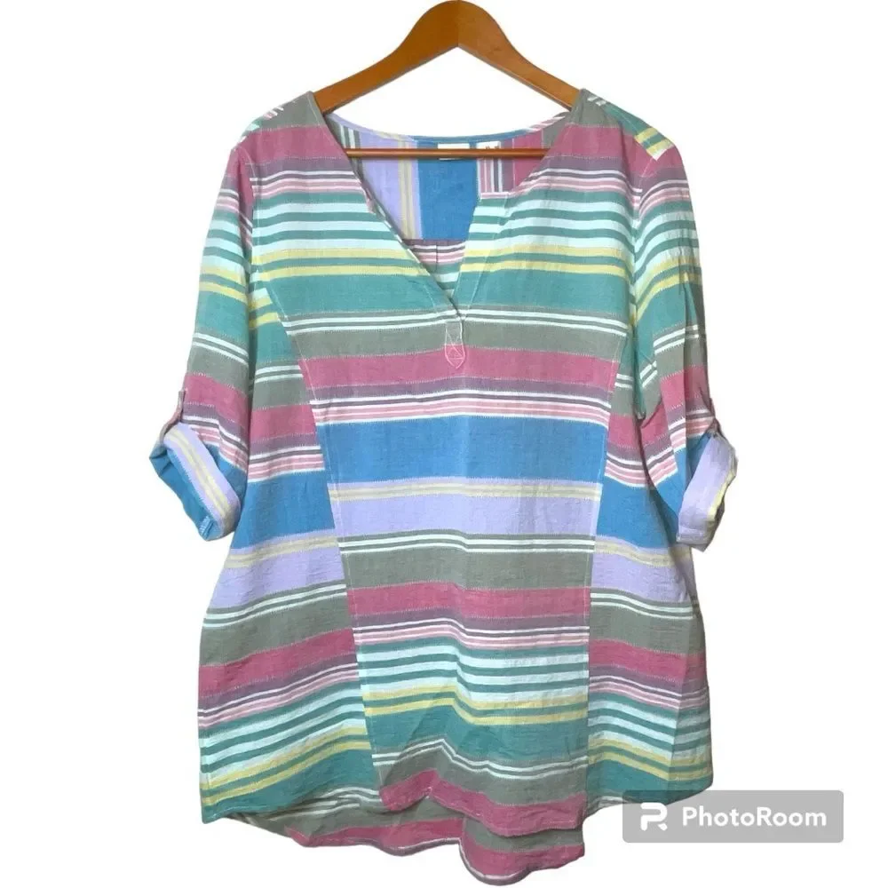Westbound Colorful Rainbow Striped Cotton Blouse Top V Neck Size XL